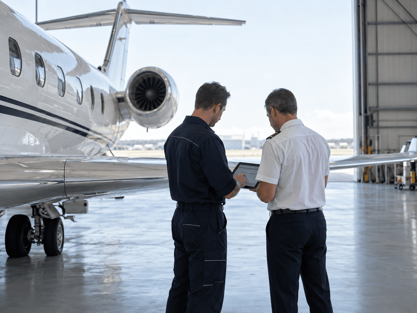 Aviation professionals beside an aircraft